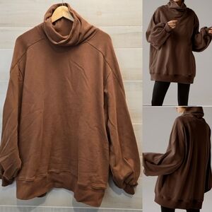 {L} NAP Loungewear Boxy Oversized Cowl Turtleneck Sweatshirt Chocolate Brown